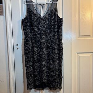 Adrianna Papell Black and White Polka Dot Mesh Top Tiered High Low Dress Sz 22W